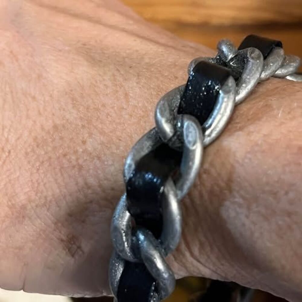 Vintage Interwoven Chain Leather Bracelet – Silver & Black